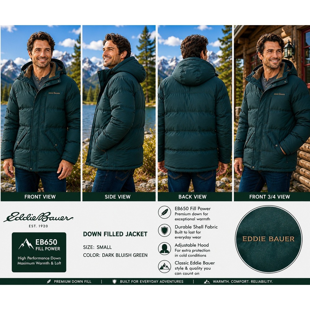 Eddie Bauer Mens Small EB650 Down Puffer Jacket Hooded Dark Blue Green Coat